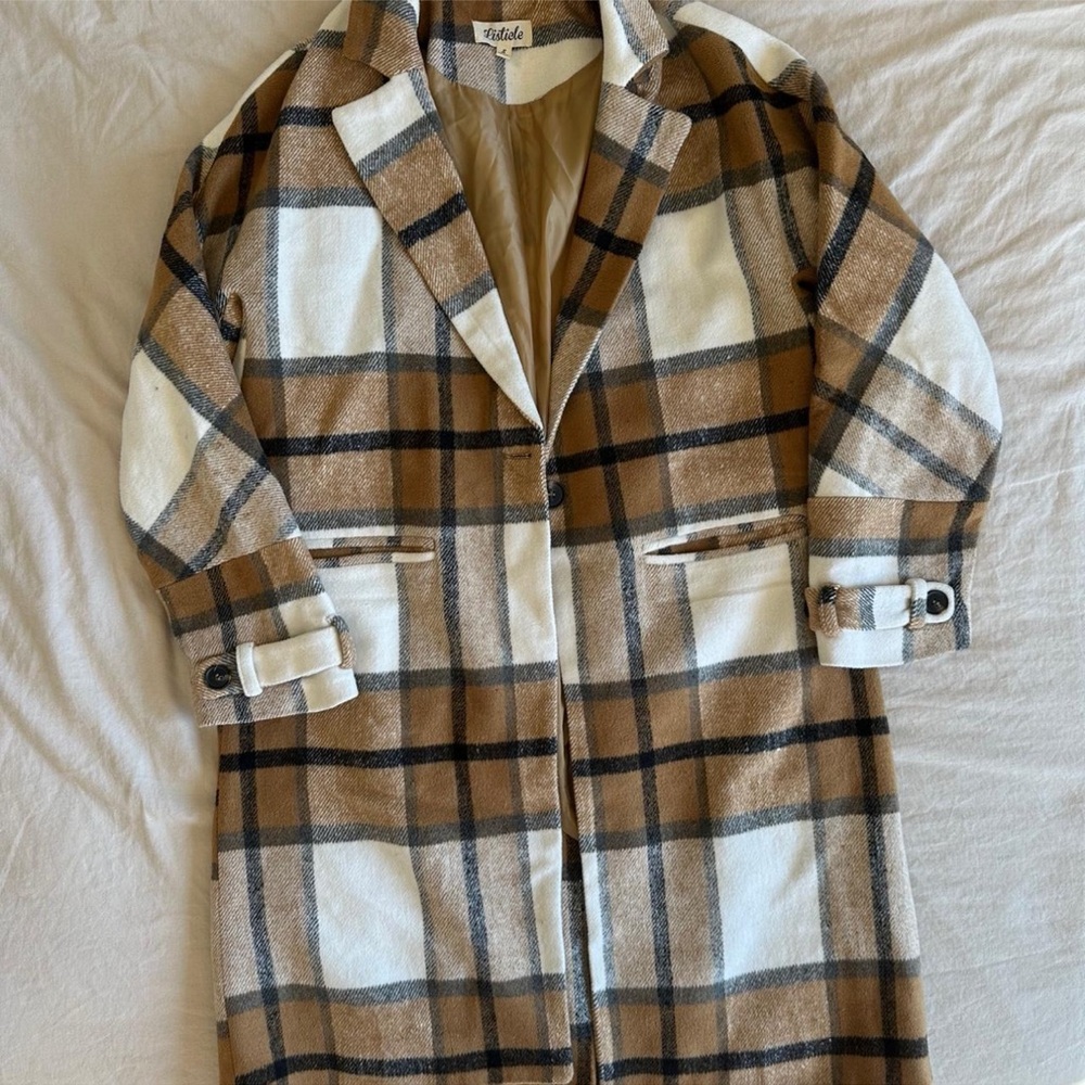 Tan and cream plaid oversized trench coat
